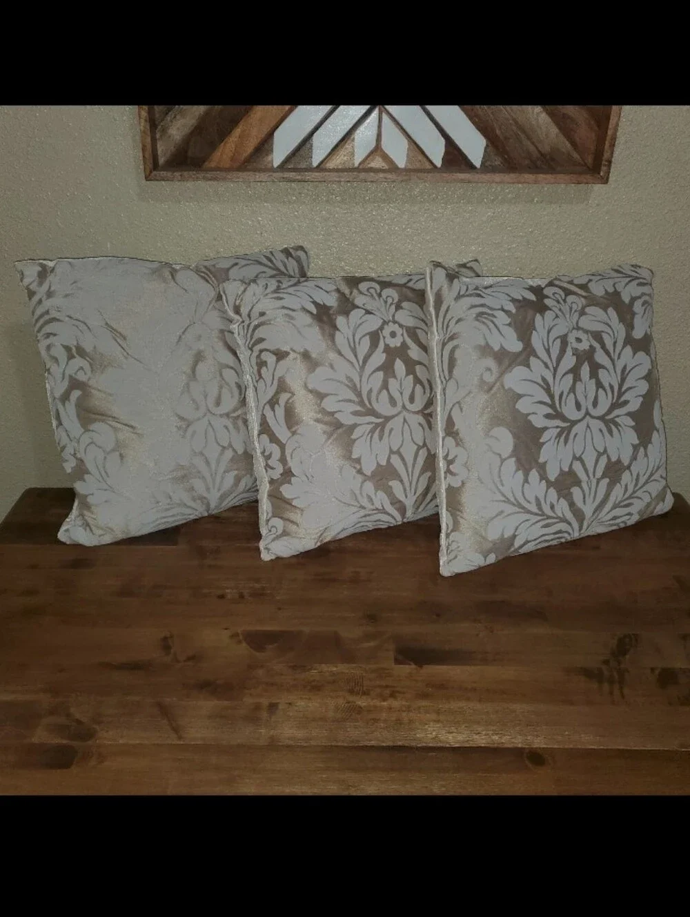 3 Vintage Gold & Ivory Cream Velour Velvet Damask Decorative Home Throw Pillows